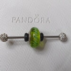Pandora Vintage Silver Green Spirals Murano Glass Charm (2 Listed Separately).